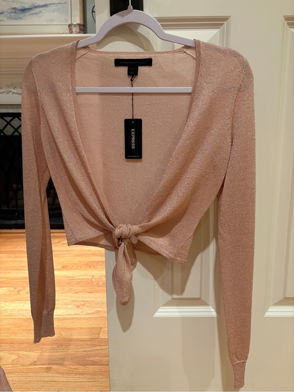 Express Women's Shimmer Tie-Front Top - Blush Pink
